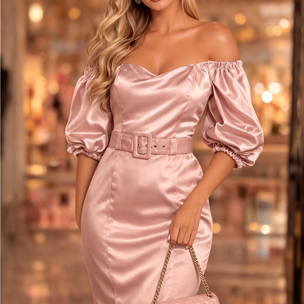 Premier One-Shoulder Satin Belted Midi Dress in Blush Pink